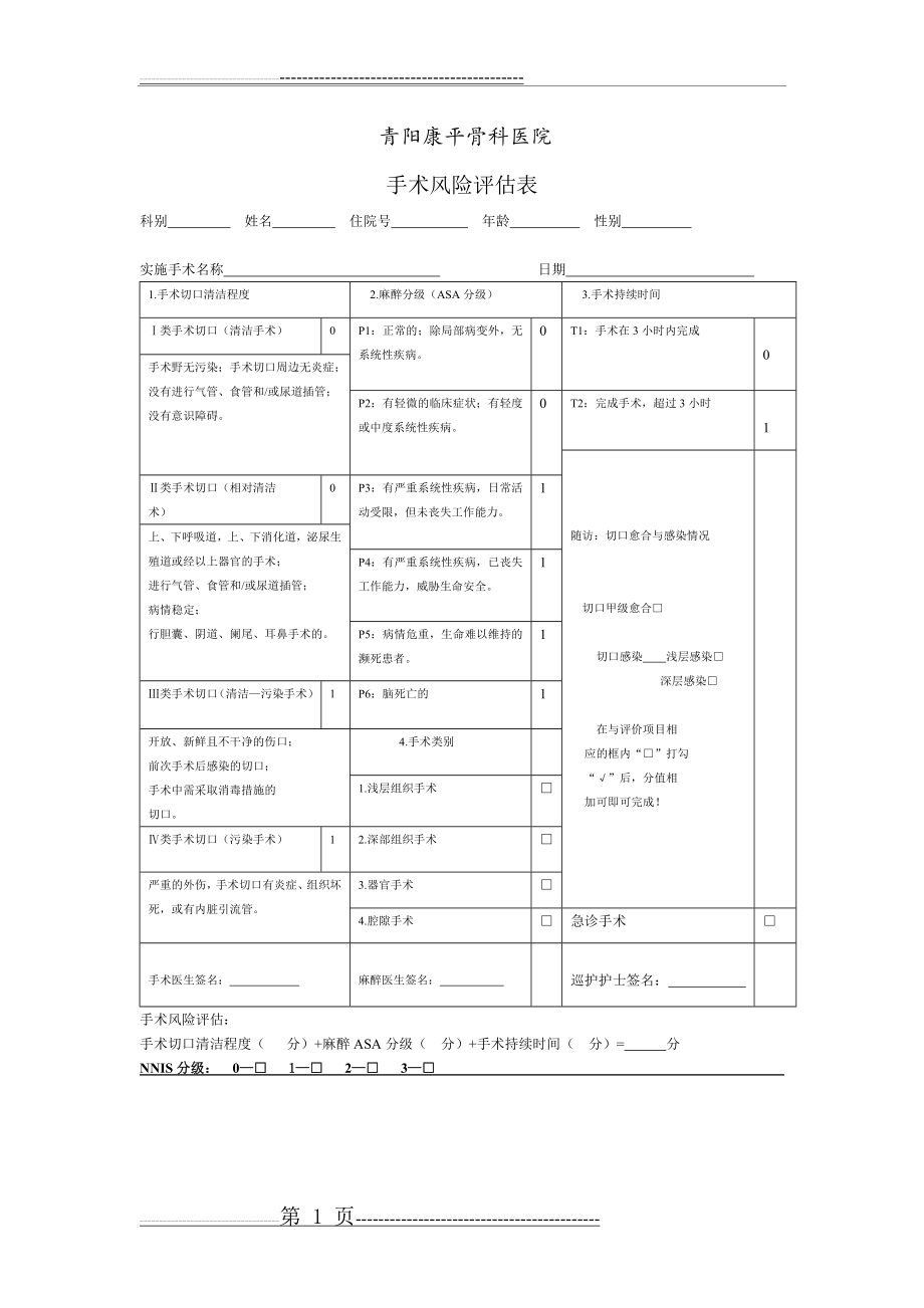 手术风险评估表(最新版)(1页).doc_第1页