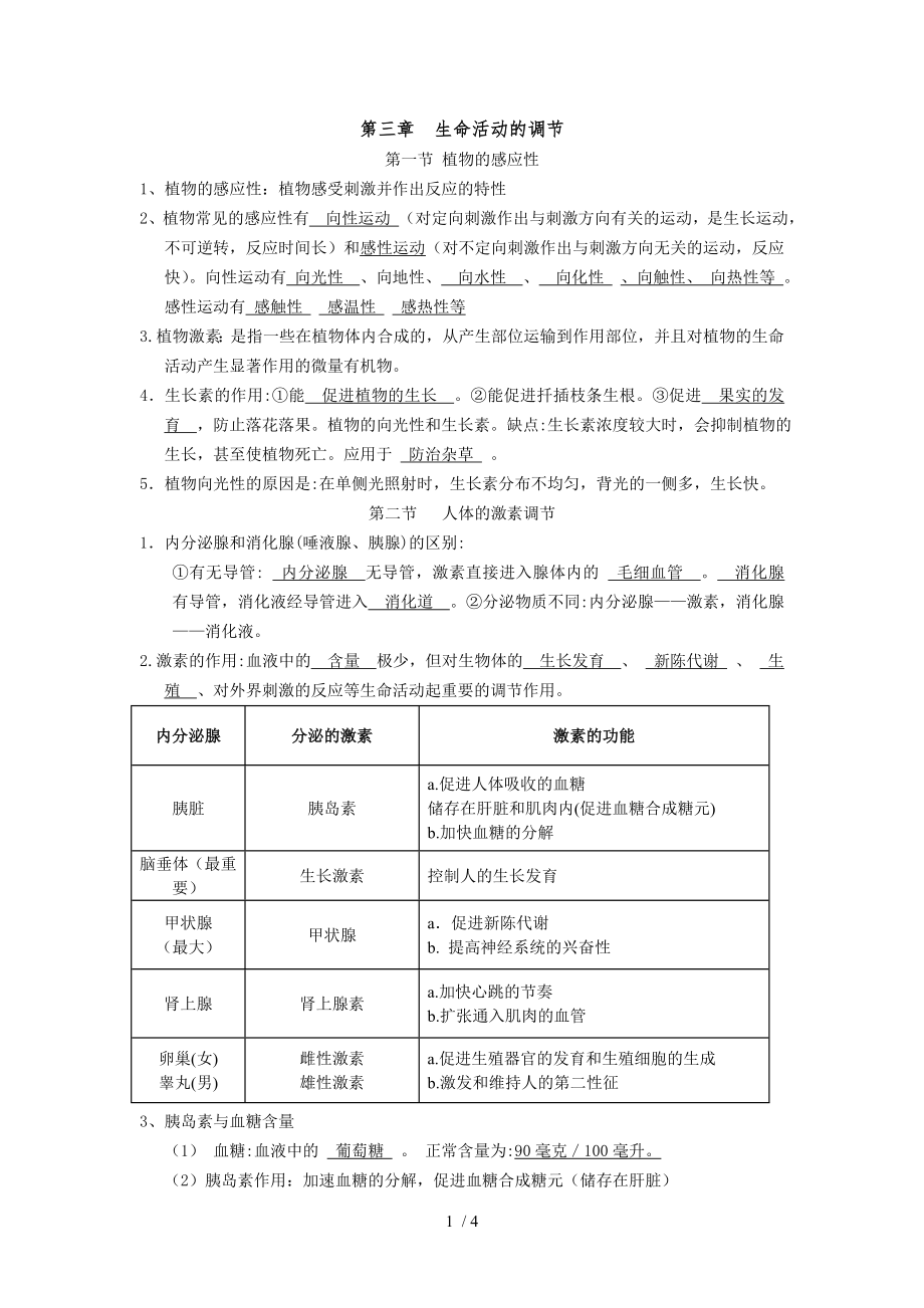 八年级上册第三章生命活动的调节知识点.doc_第1页