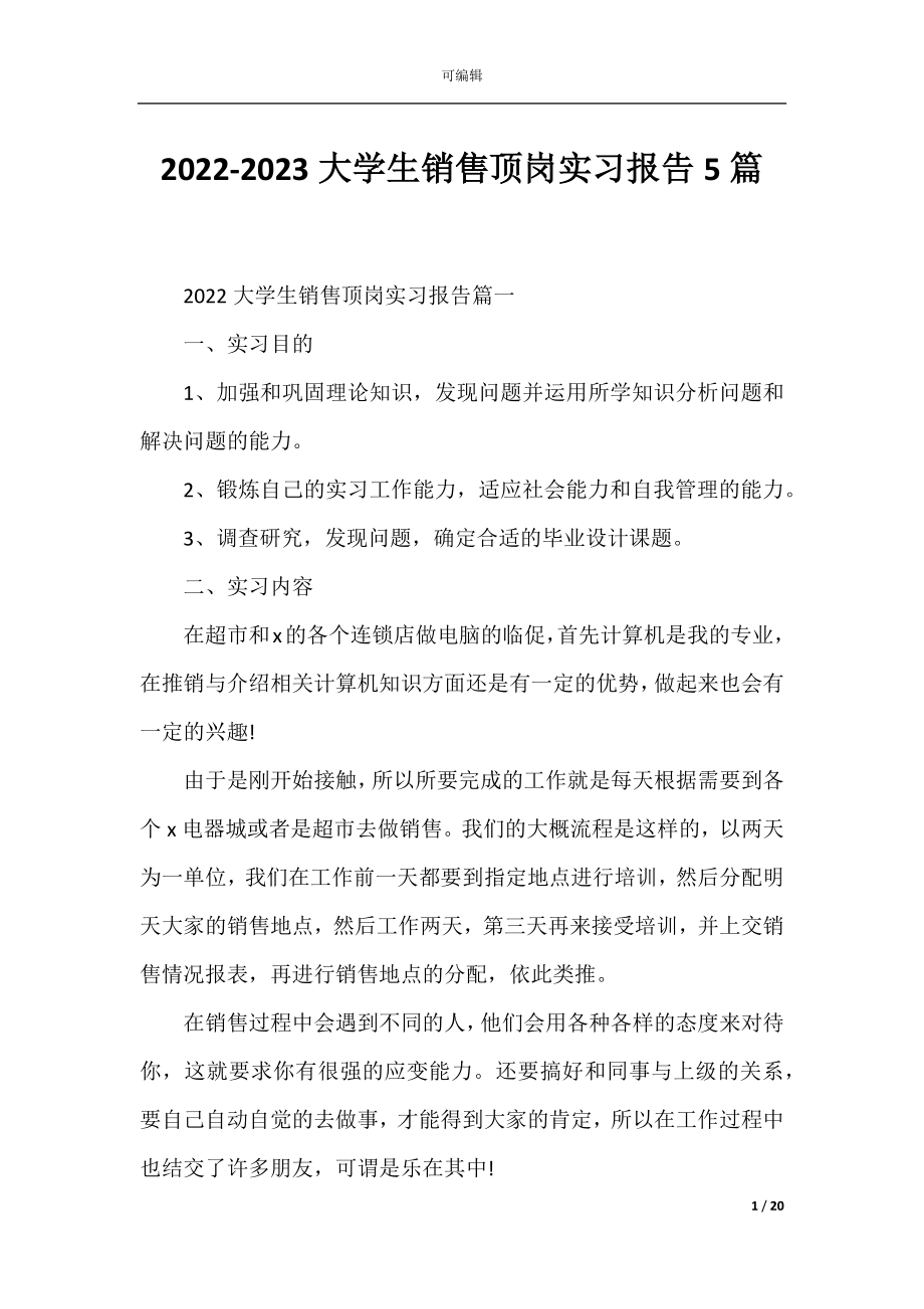 2022-2023大学生销售顶岗实习报告5篇.docx_第1页