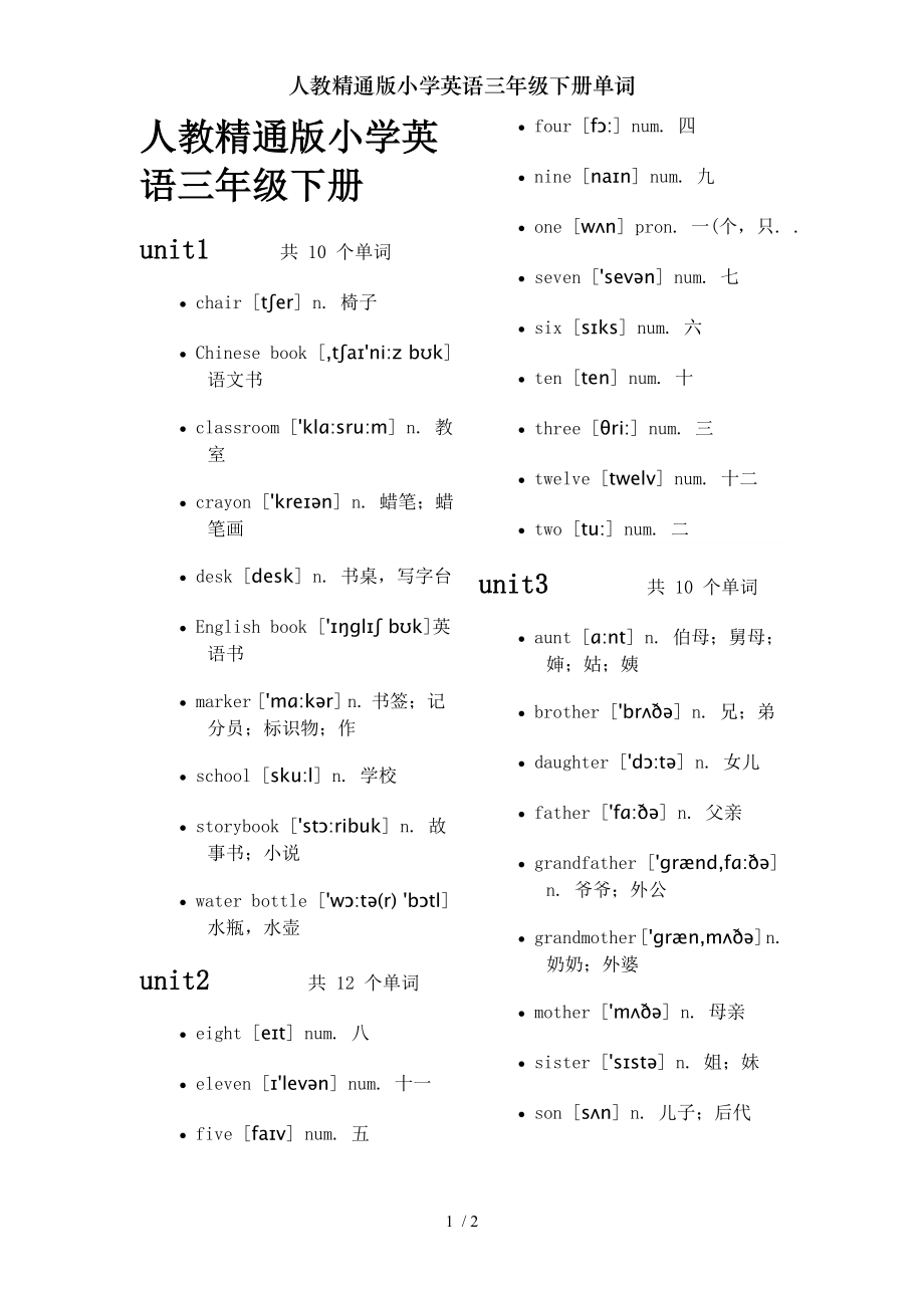 人教精通版小学英语三年级下册单词.doc_第1页