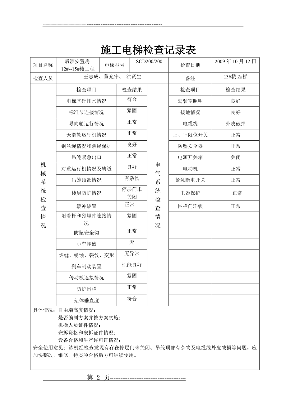 施工电梯检查记录表(5页).doc_第2页