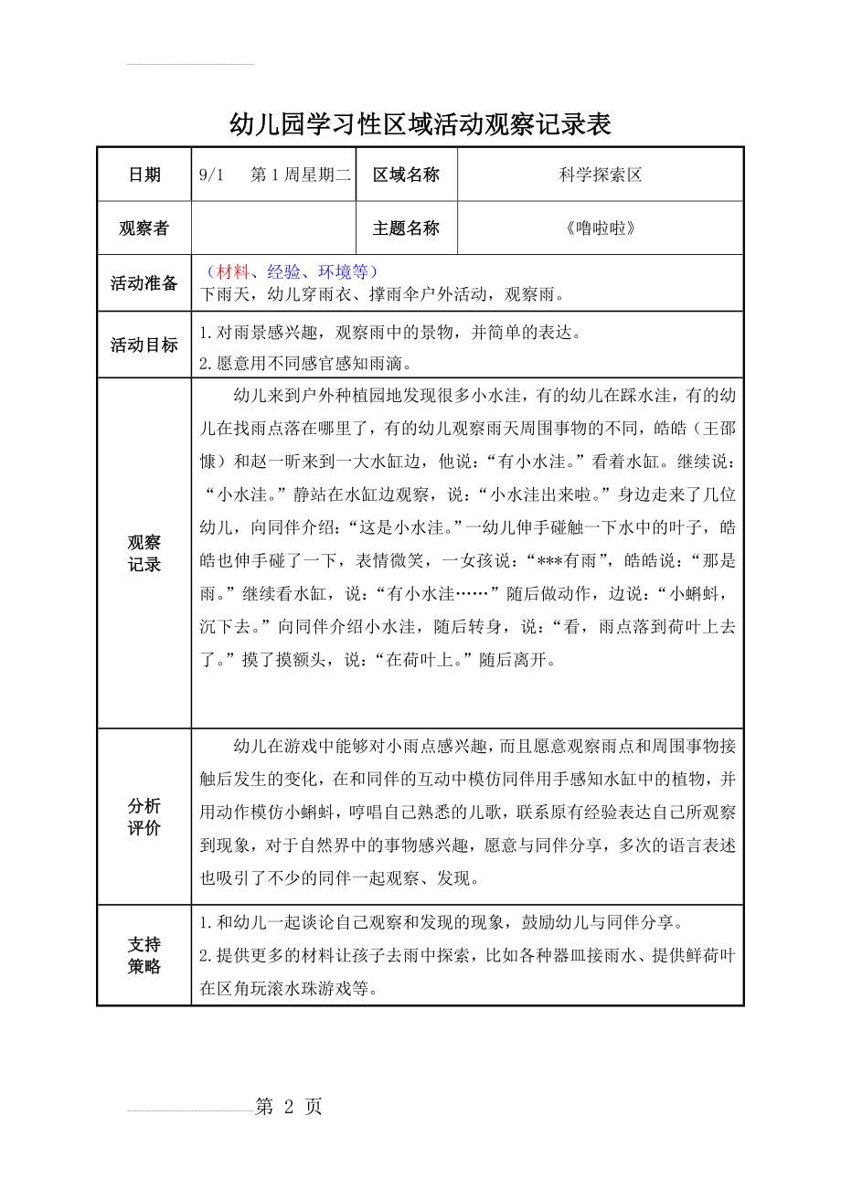 幼儿园学习性区域活动观察记录表(范表)(2页).doc_第2页