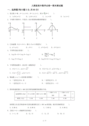 人教版高中数学必修一期末测试题及复习资料.doc