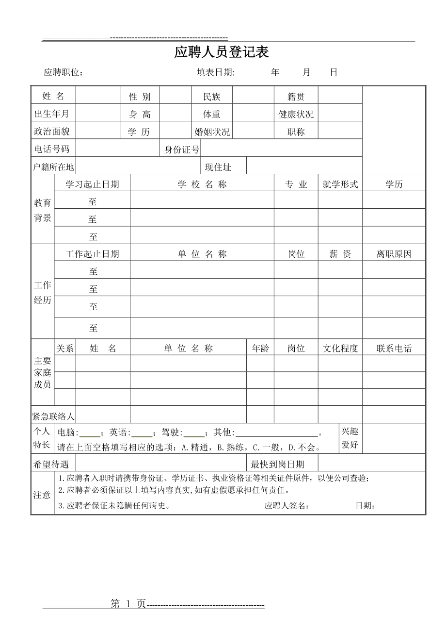 应聘人员登记表最新-范本 (修改版)(1页).doc_第1页