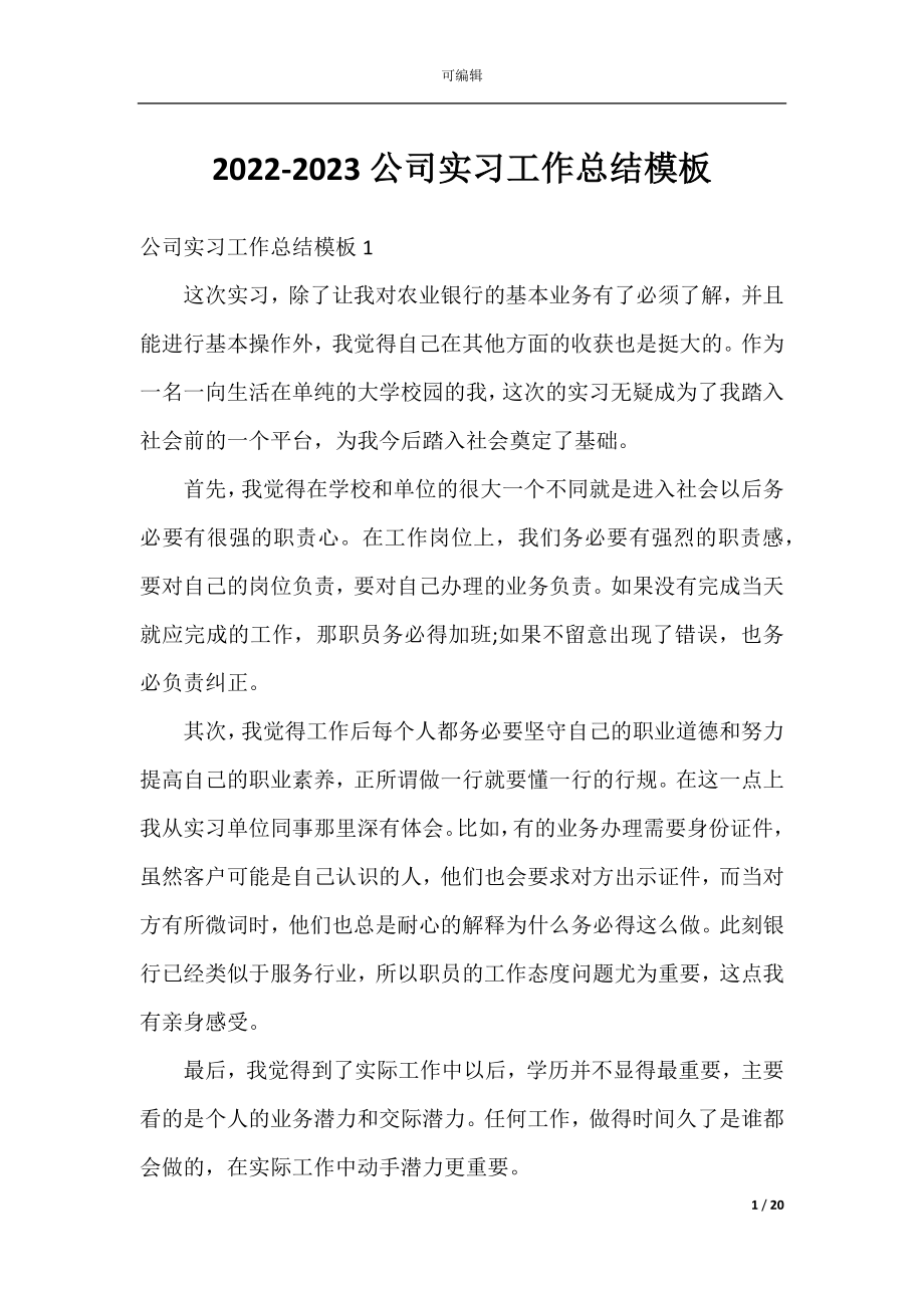 2022-2023公司实习工作总结模板.docx_第1页