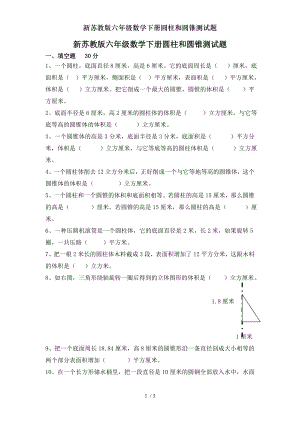 新苏教版六年级数学下册圆柱和圆锥测试题.doc