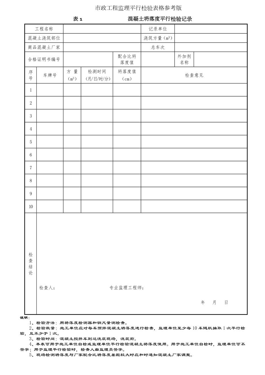 市政工程监理平行检验表格参考版.doc_第1页