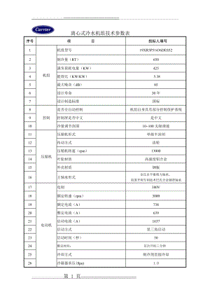 开利离心式冷水机组技术参数表(2页).doc
