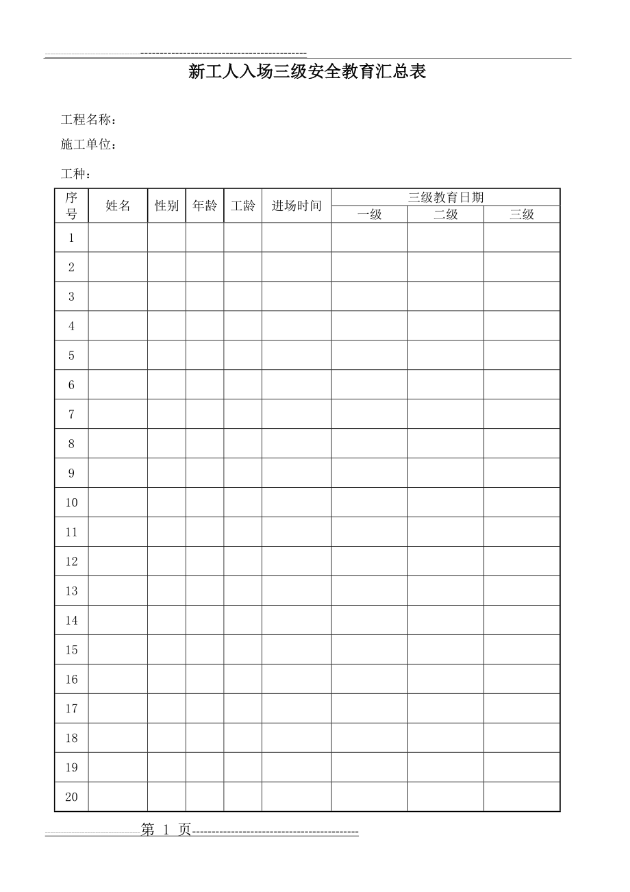 新工人入场三级安全教育三种表格(6页).doc_第1页