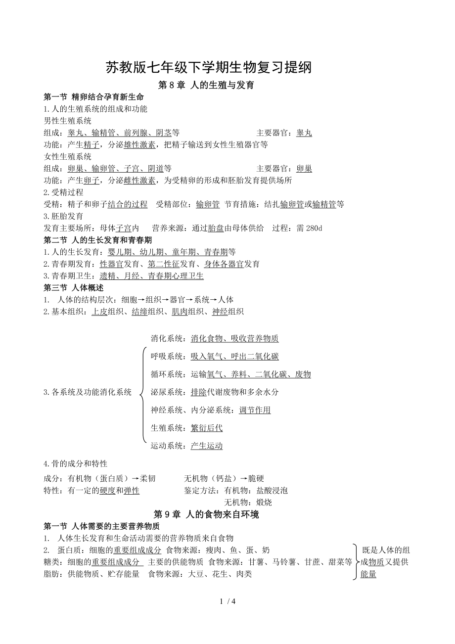 苏教版七年级下学期生物复习提纲.doc_第1页