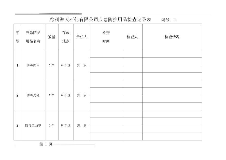 应急防护用品检查记录表(8页).doc_第1页