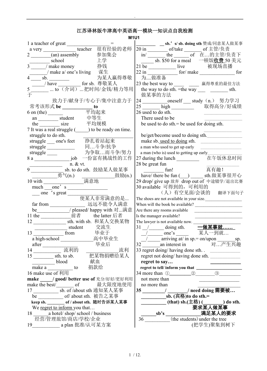 译林版牛津高中英语高一模块一自我检测考前复习.doc_第1页