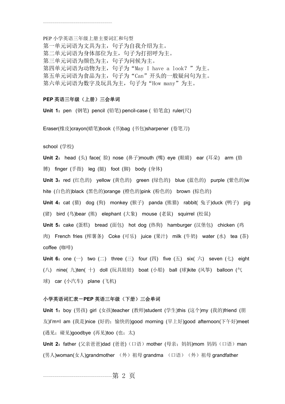 PEP小学英语三年级上册主要词汇和句型(21页).doc_第2页