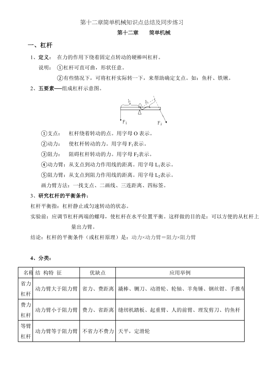 第十二章简单机械知识点总结及同步练习.doc_第1页