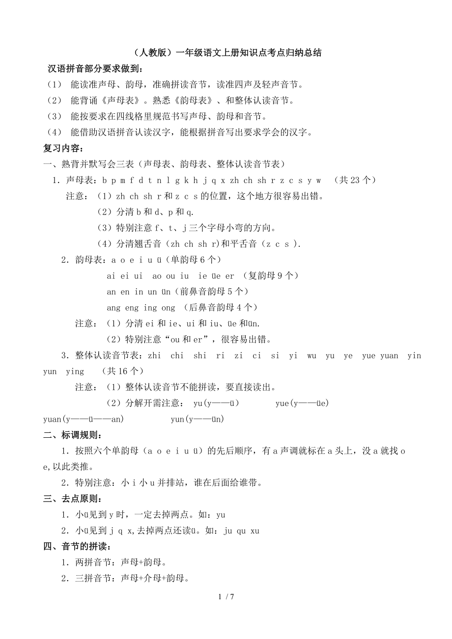 人教版一年级语文上册知识点考点归纳总结.doc_第1页