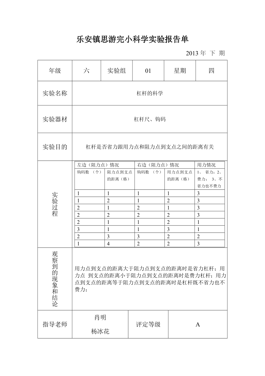 2013上册六年级科学实验报告单.doc_第1页