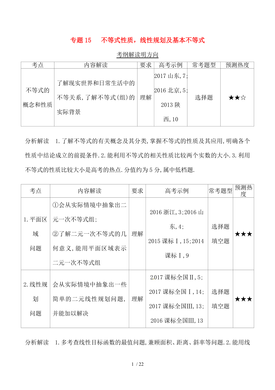 三年高考高考数学试题分项版解析专题15不等式性质线性规划与基本不等式理.doc_第1页