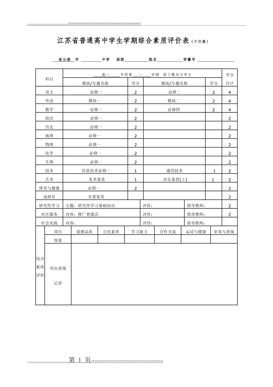 江苏省普通高中学生学期综合素质评价表(学期表)(7页).doc_第1页