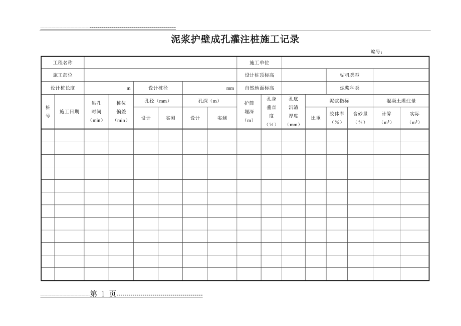 泥浆护壁成孔灌注桩施工记录表(2页).doc_第1页