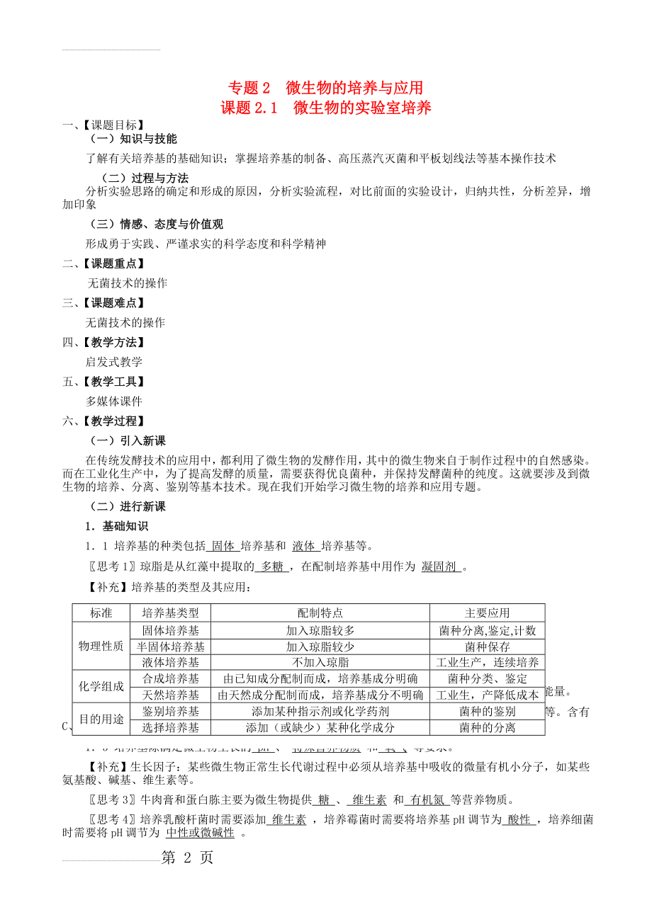 【人教版】生物选修一：2.1《微生物的实验室培养》教案设计(8页).doc_第2页