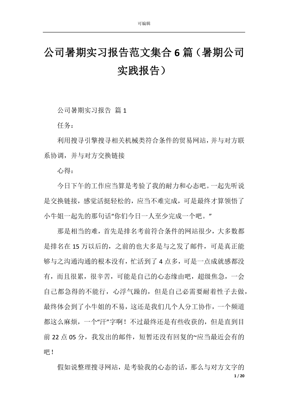 公司暑期实习报告范文集合6篇（暑期公司实践报告）.docx_第1页