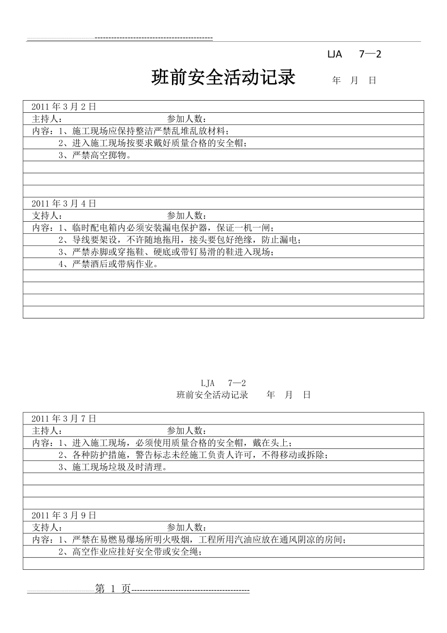 水电安装班组班前安全活动记录(10页).doc_第1页