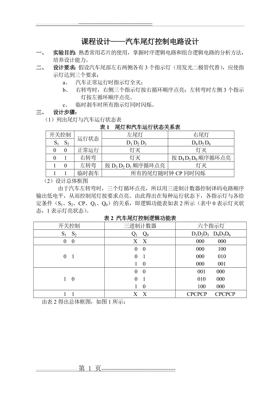 汽车尾灯控制电路设计(6页).doc_第1页