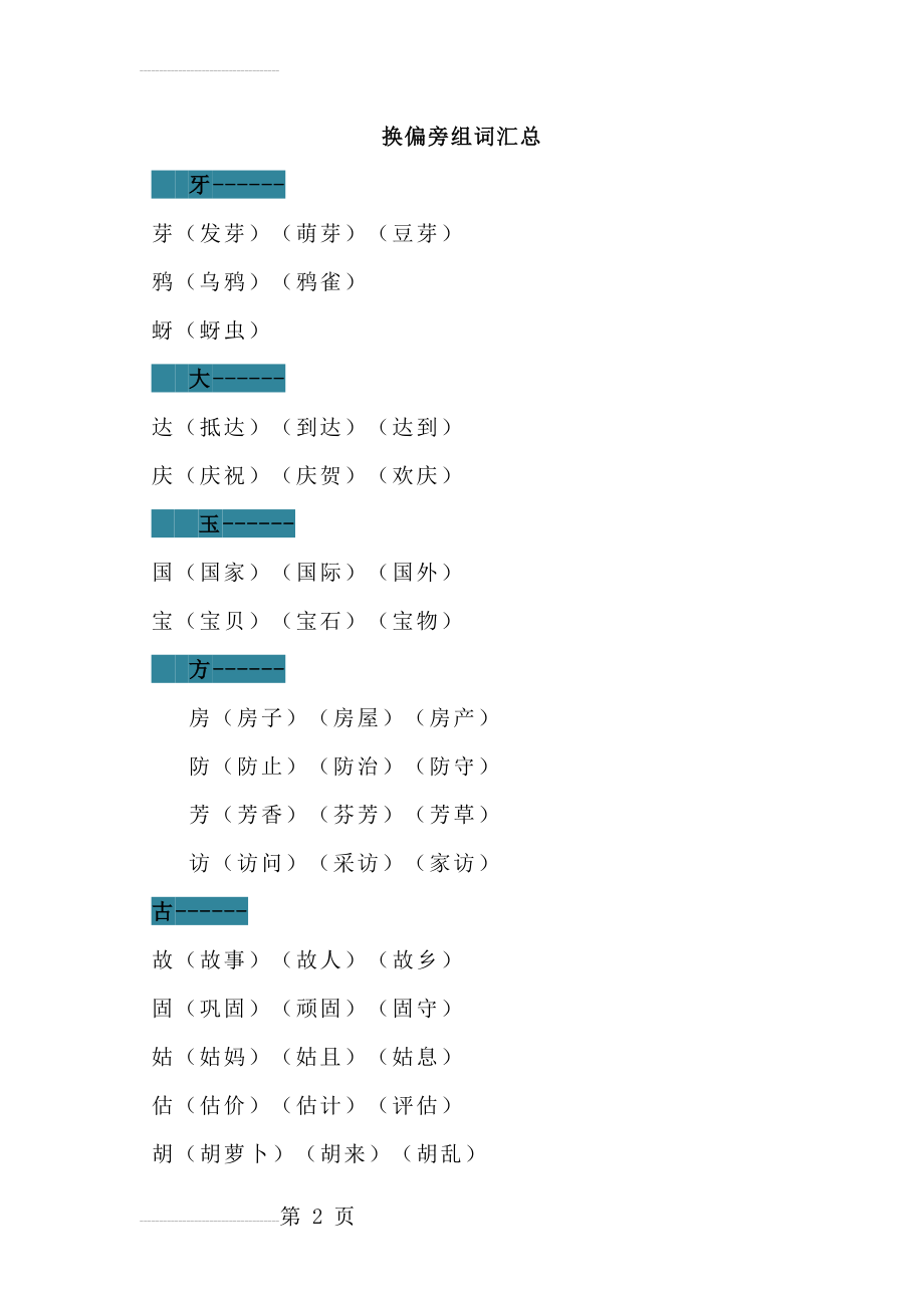 换偏旁组词汇总、偏旁部首专项练习、汉字偏旁部首名称表(27页).doc_第2页