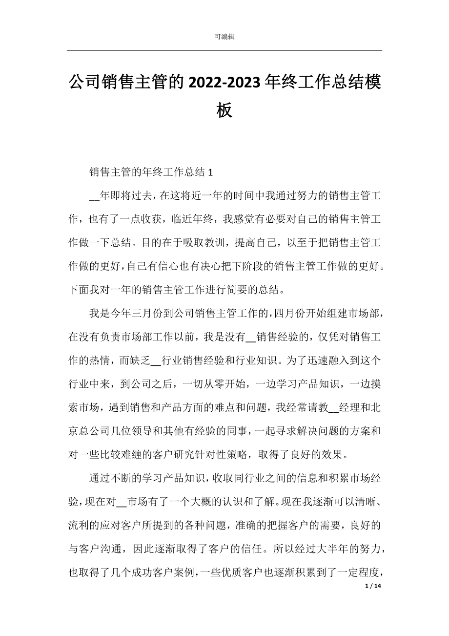 公司销售主管的2022-2023年终工作总结模板.docx_第1页