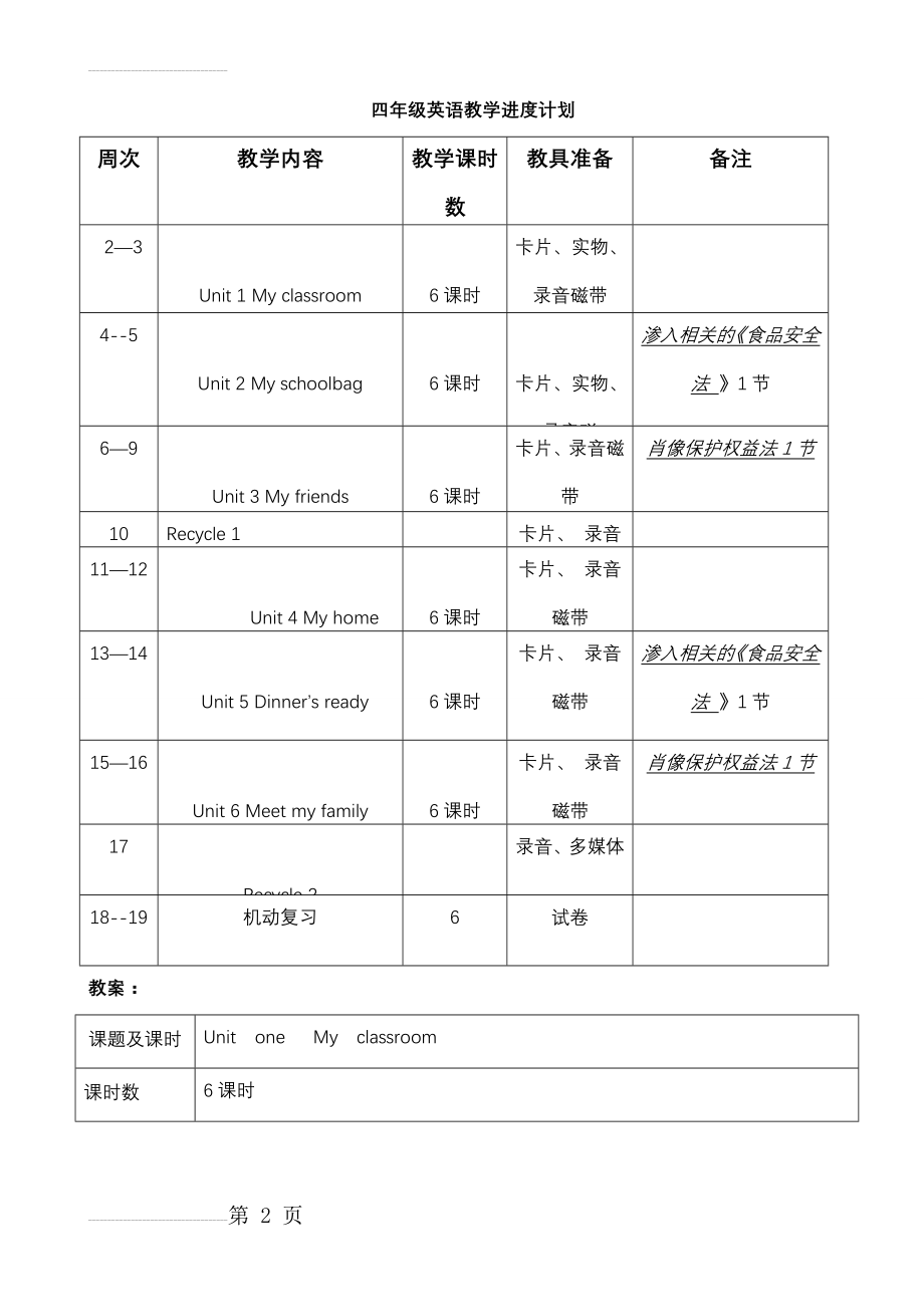 PEP小学四年级英语上册教案全册　(57页).doc_第2页