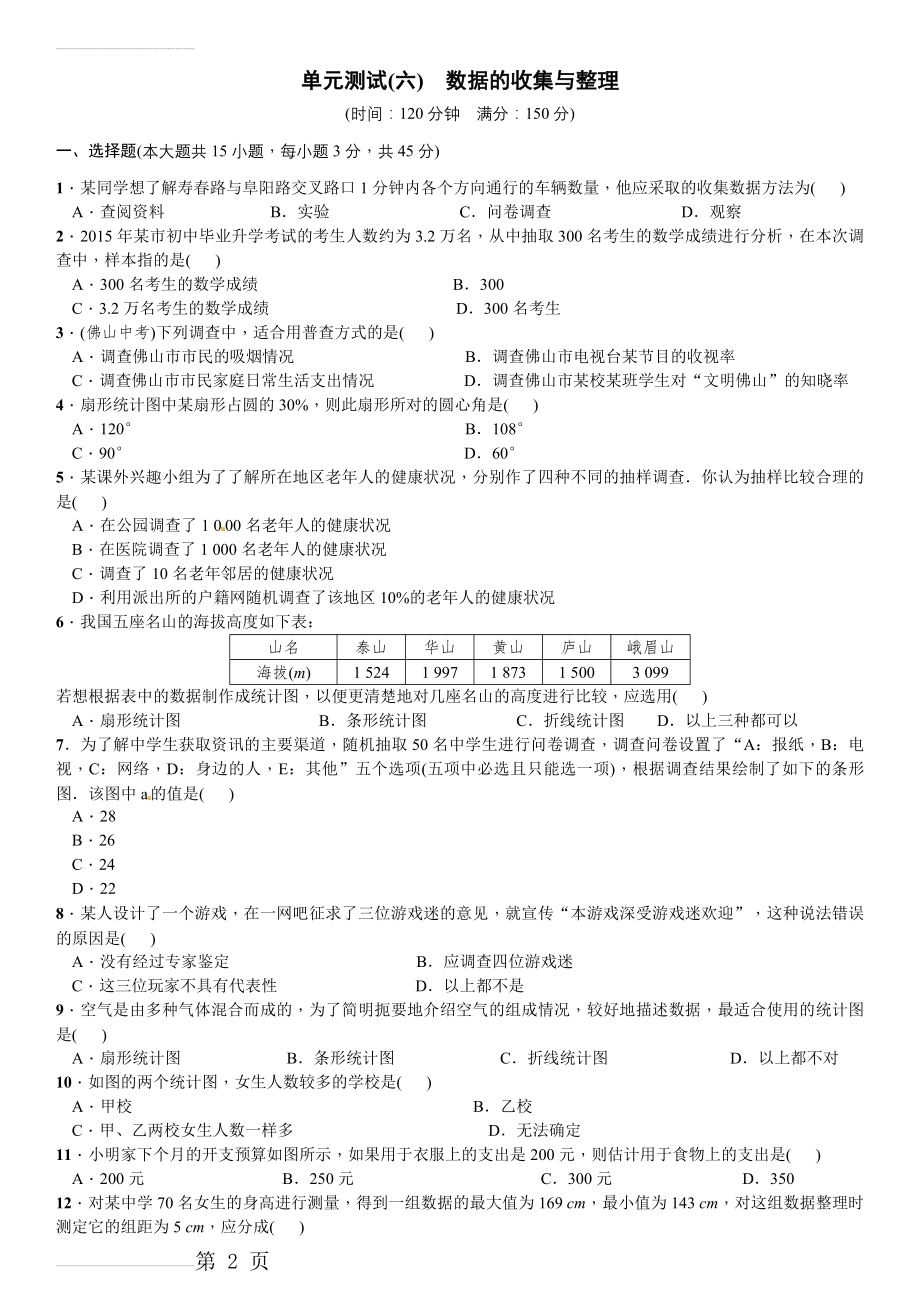 【北师大版】年七年级上：第6章《数据的收集与整理》单元测试卷（含答案）(5页).doc_第2页