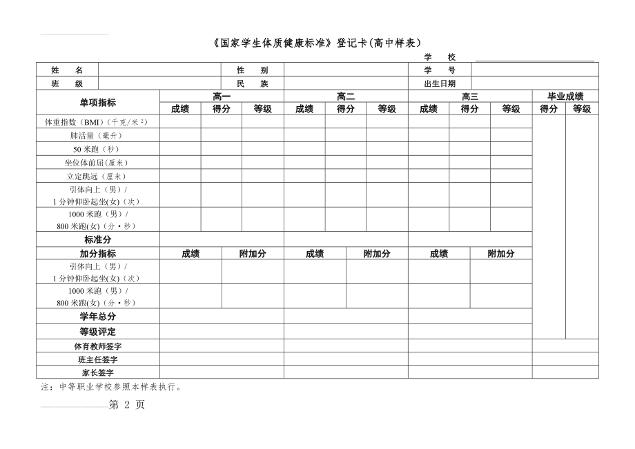 《国家学生体质健康标准》登记卡(高中样表)(3页).doc_第2页