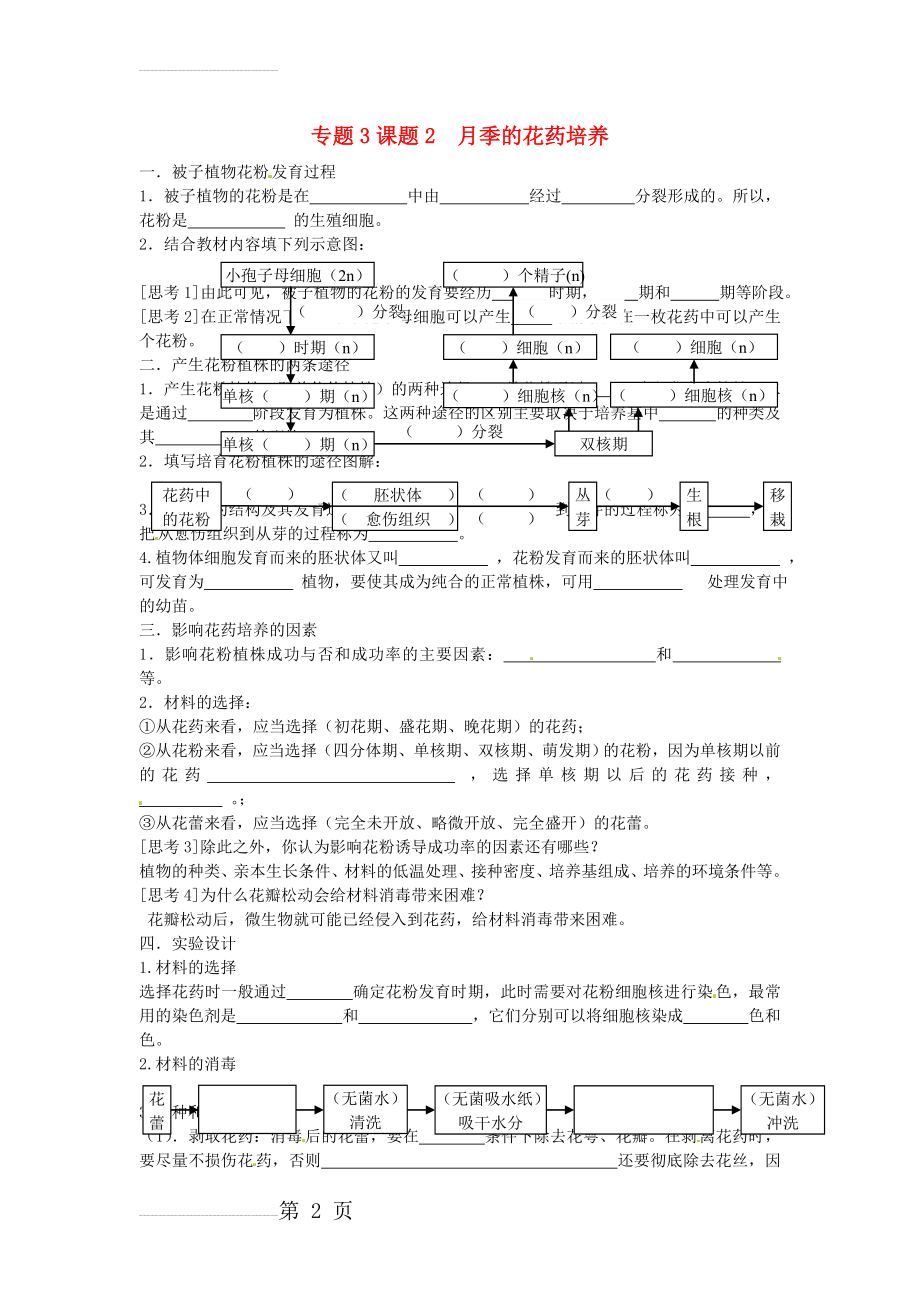 【人教版】选修一生物：3.2《月季的花药培养》导学案(3页).doc_第2页