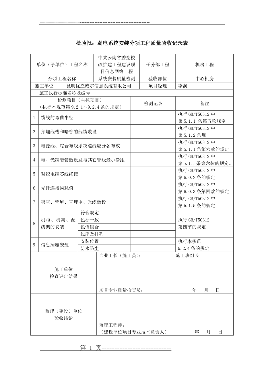 检验批：弱电系统安装分项工程质量验收记录表(2页).doc_第1页