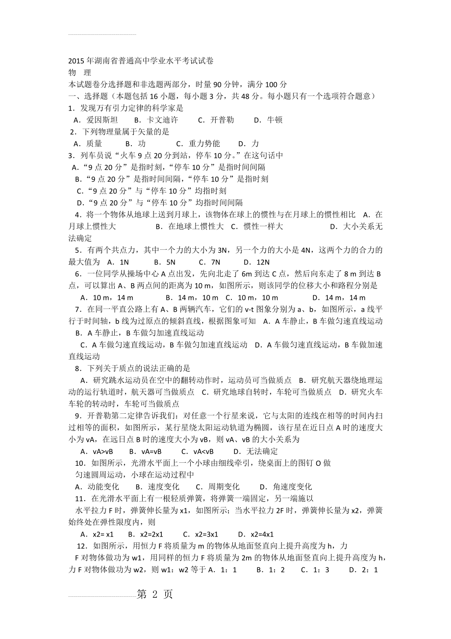 2015年湖南省普通高中学业水平考试物理试卷(5页).doc_第2页