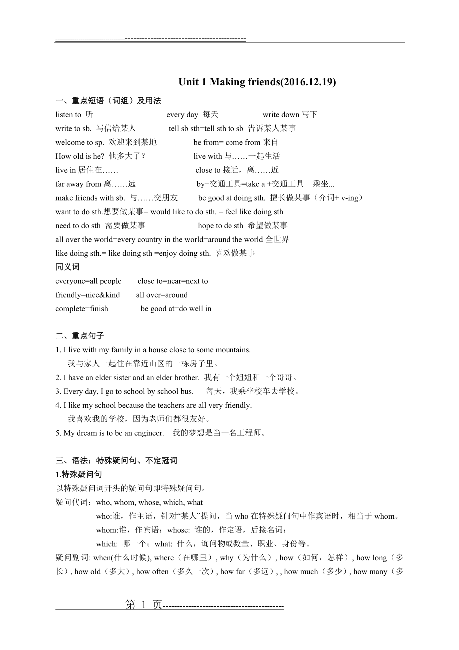 沪教牛津版七年级上册Unit1 Making friends单元归纳总结练习(5页).doc_第1页