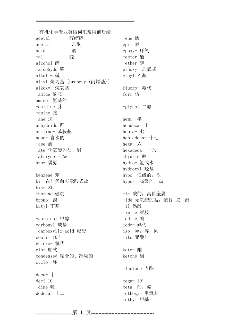 有机化学专业英语词汇常用前后词缀(11页).doc_第1页