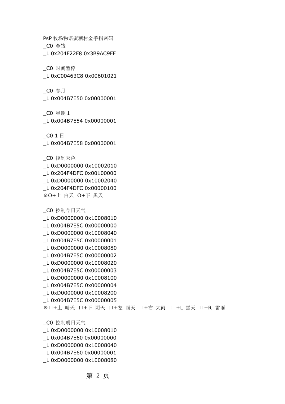 PsP牧场物语蜜糖村金手指密码(6页).doc_第2页