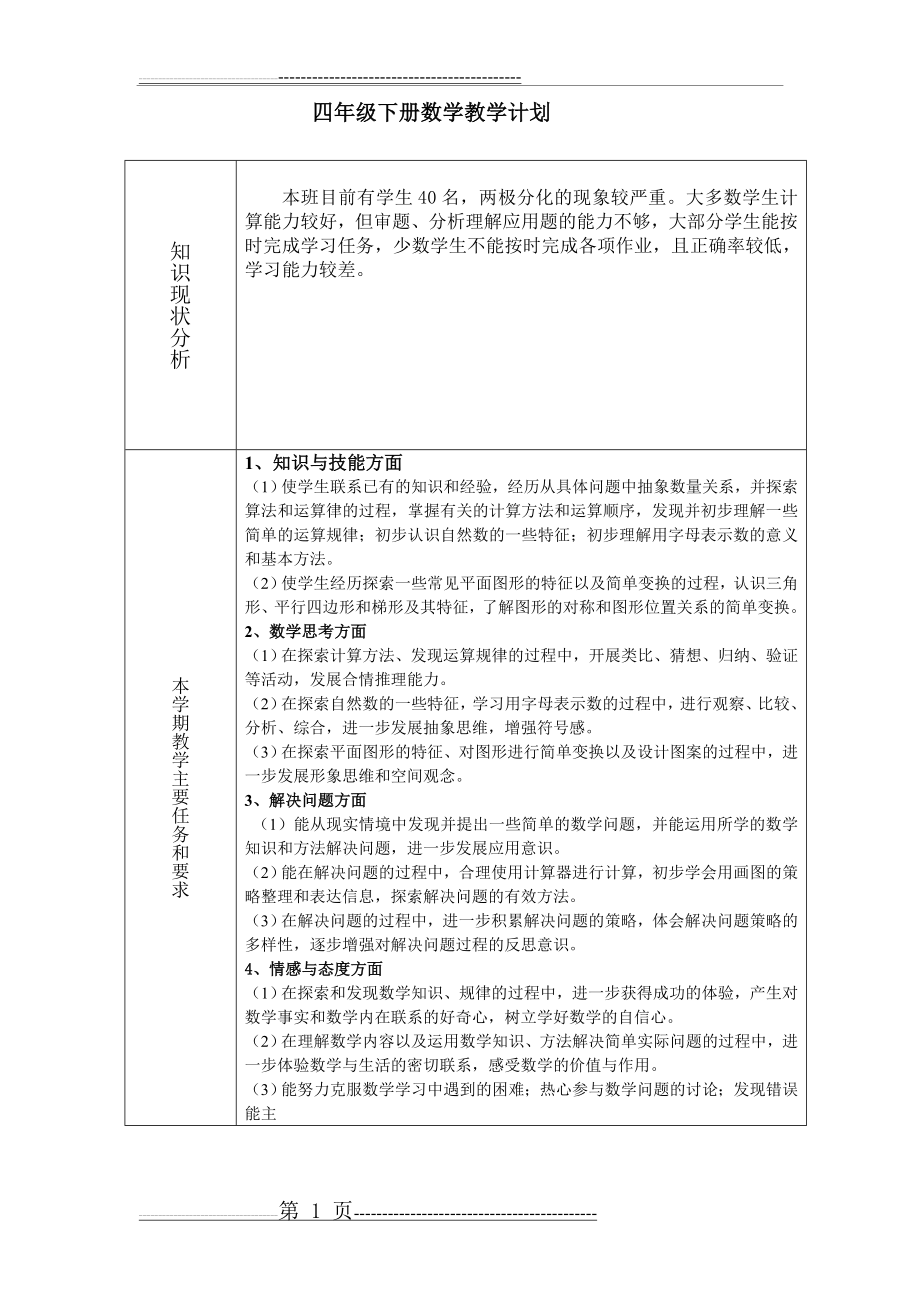 最新苏教版四年级下册数学计划、进度表(3页).doc_第1页