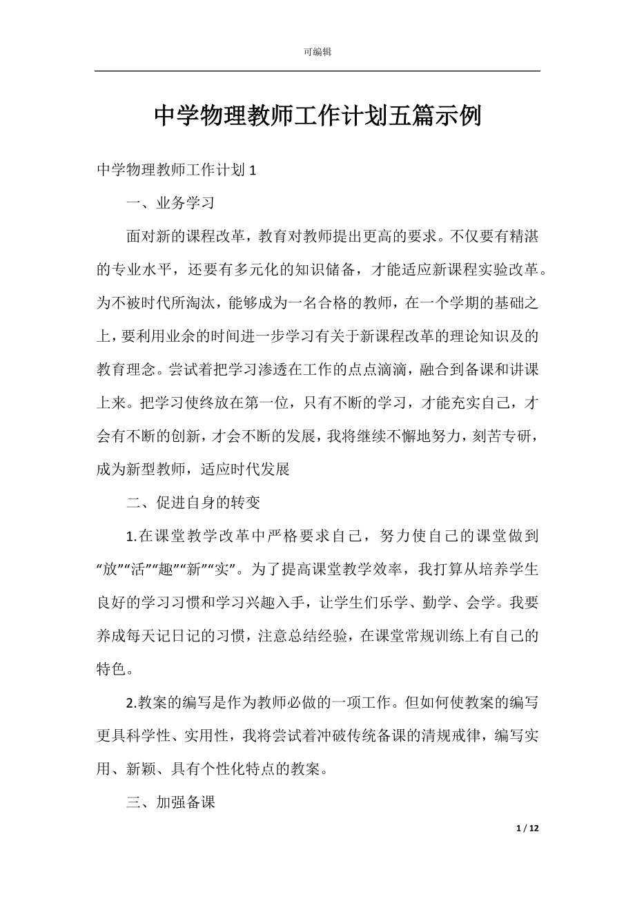 中学物理教师工作计划五篇示例.docx_第1页