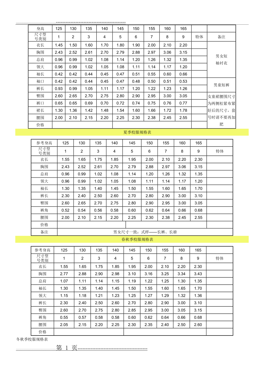 校服尺寸表(2页).doc_第1页