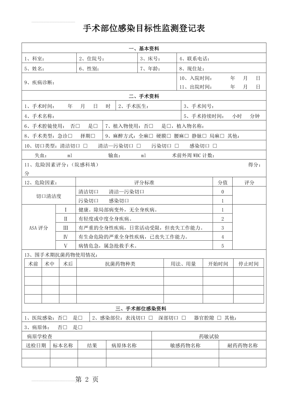 手术部位感染目标性监测登记表(3页).doc_第2页