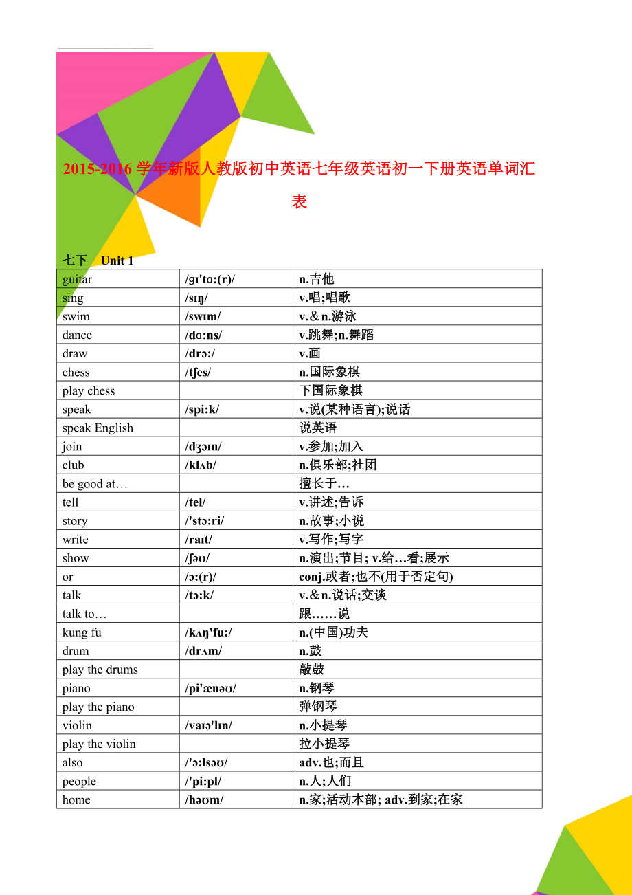 2015-2016学年新版人教版初中英语七年级英语初一下册英语单词汇表(14页).doc_第1页