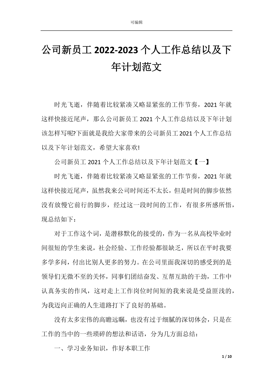 公司新员工2022-2023个人工作总结以及下年计划范文.docx_第1页