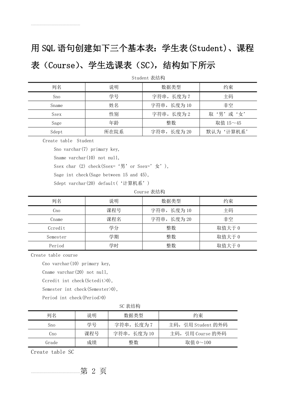 SQL语句创建学生信息数据库表的示例(8页).doc_第2页