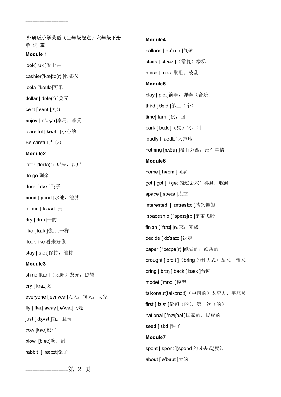 外研版小学英语(三年级起点)六年级下册单词表(带音标)(3页).doc_第2页