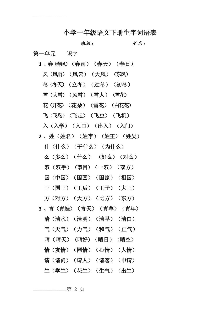 小学一年级语文下册生字词语表(10页).doc_第2页