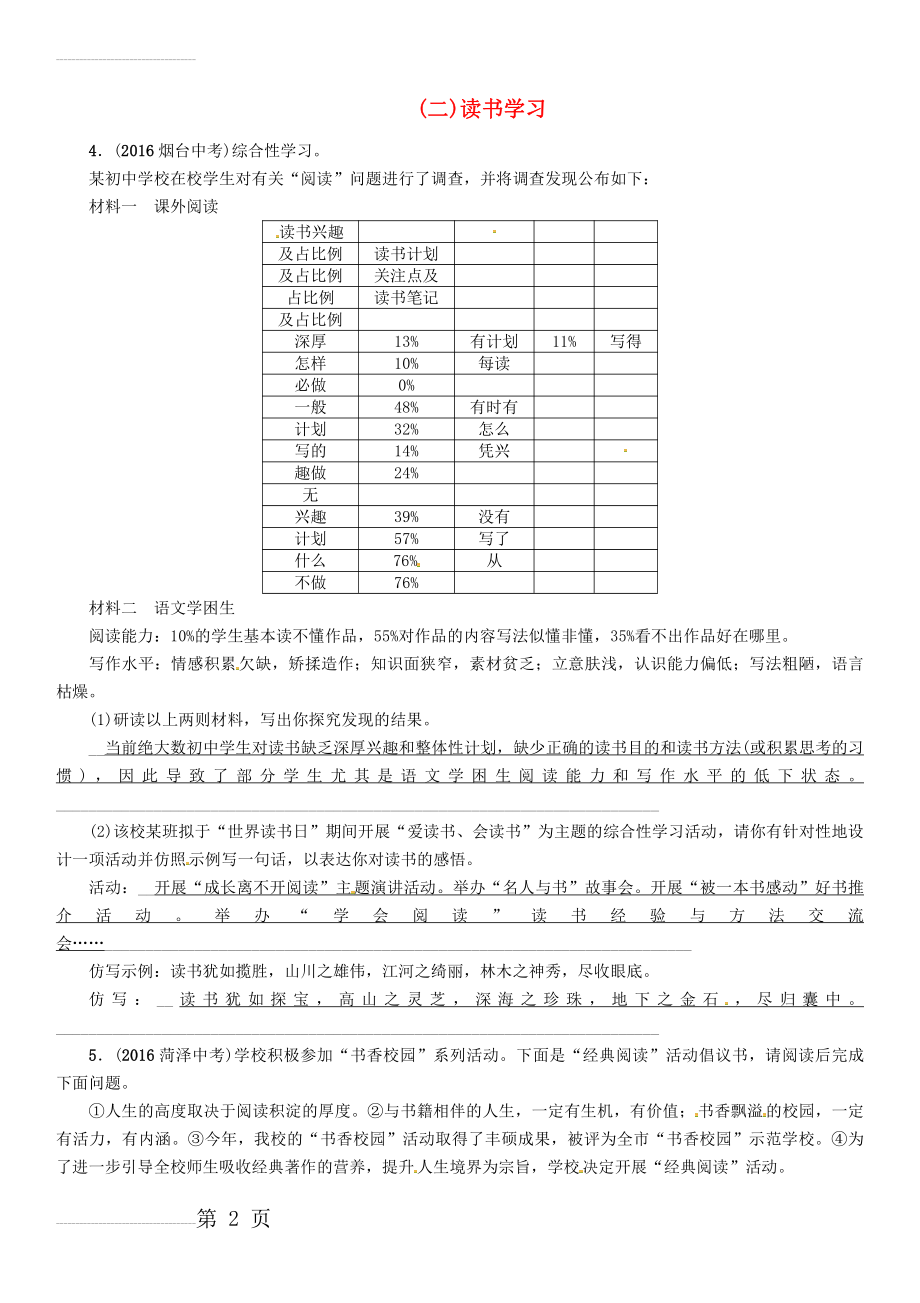 中考语文总复习 第三编 口语交际与综合性学习 专题四 口语交际与综合性学习综合训练（二）读书学习1(3页).doc_第2页