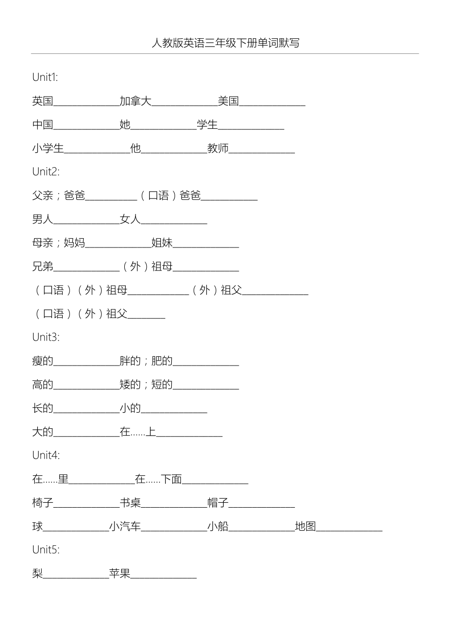 人教版英语新三年级下册单词默写1-6单元(3页).doc_第2页