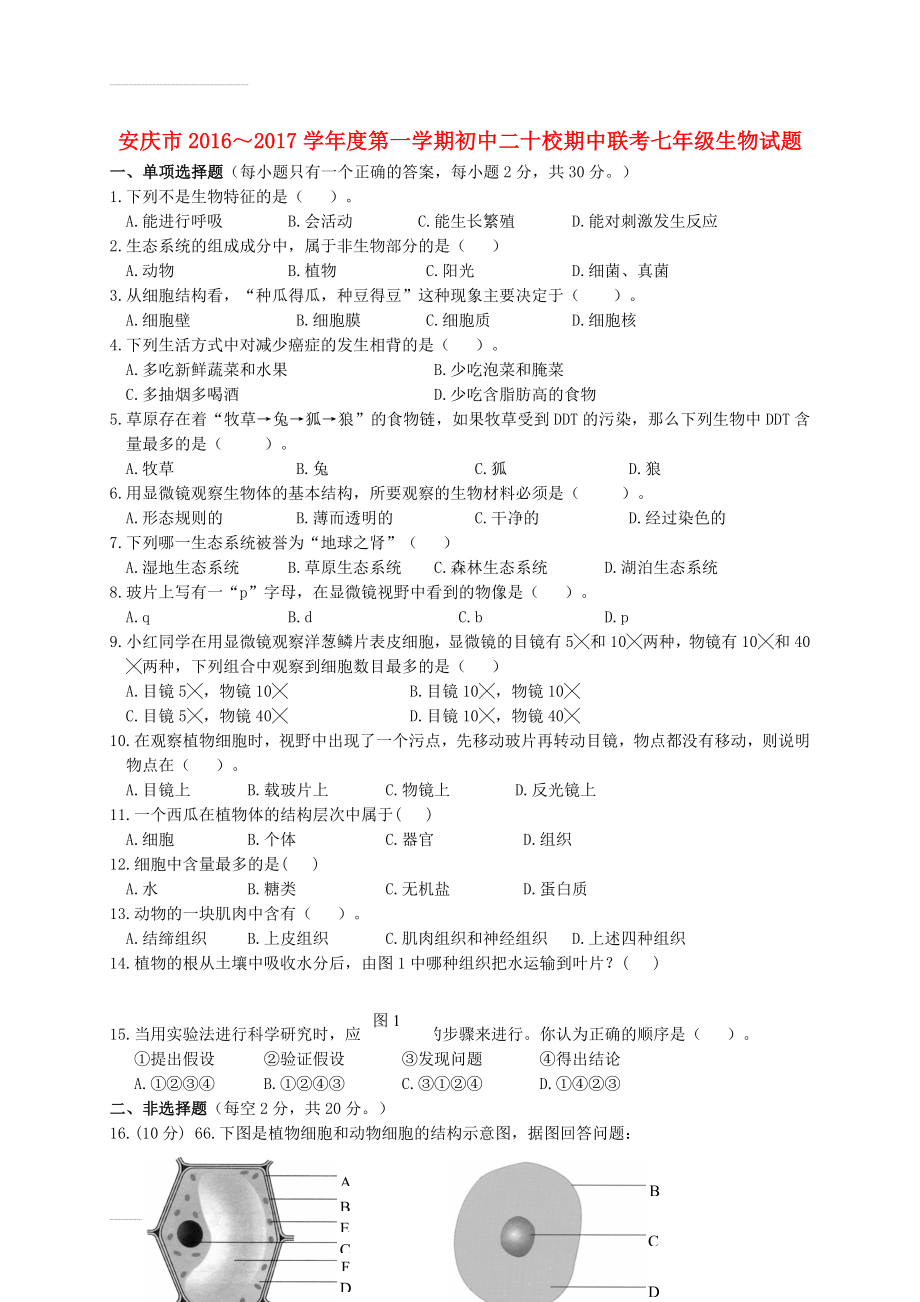 七年级生物上学期期中联考试题（无答案） 新人教版(3页).doc_第2页